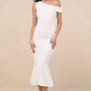 NWT Lulus Nadie White Lace Asymmetrical Midi Dress - Size M